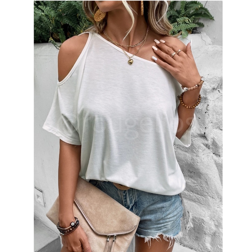 Asymmetric Boat Neck Batwing Cut Out Short Sleeve White Tee Shirt - Picture 2 of 7